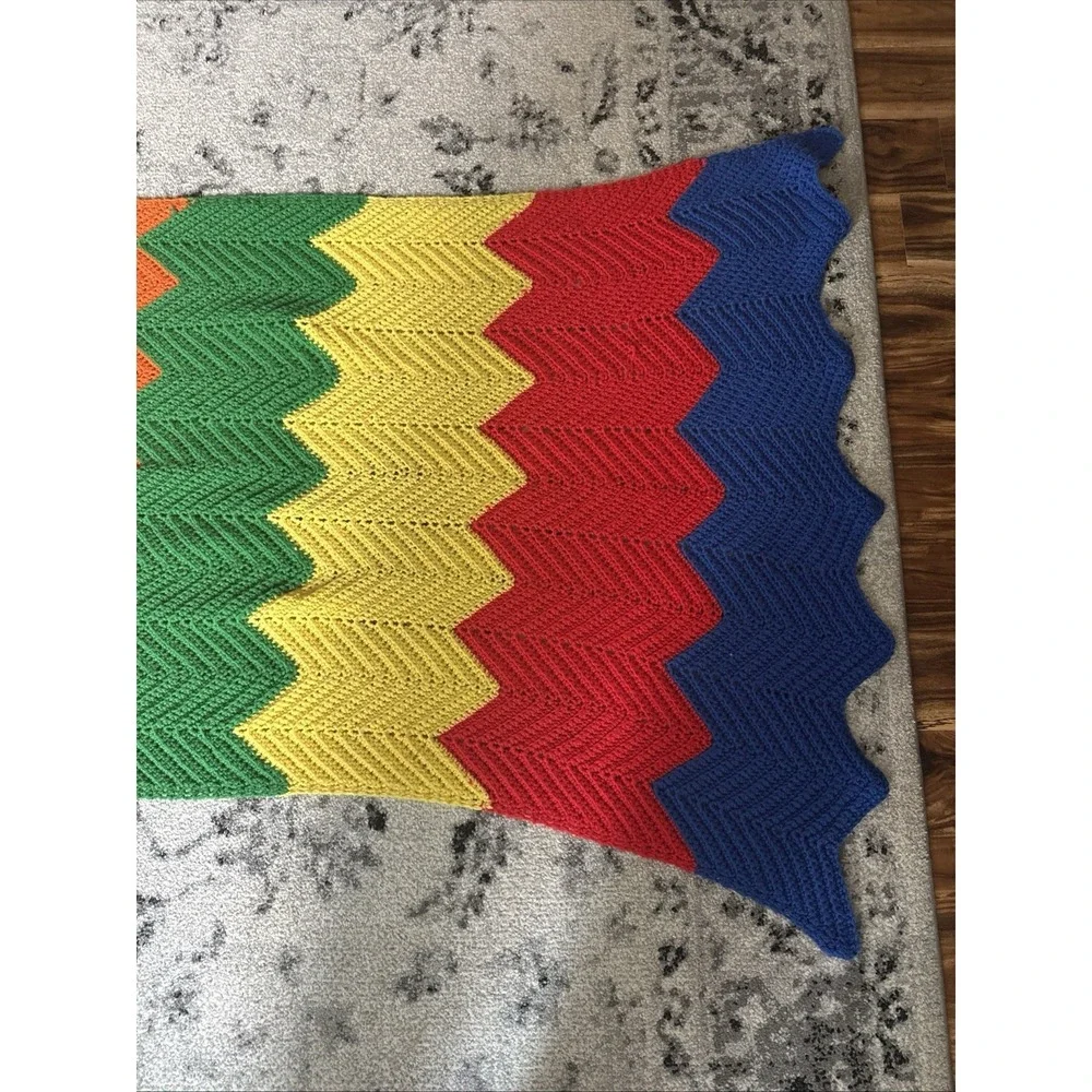 Vintage Handmade Afghan Multicolored Throw Knit Blanket  116